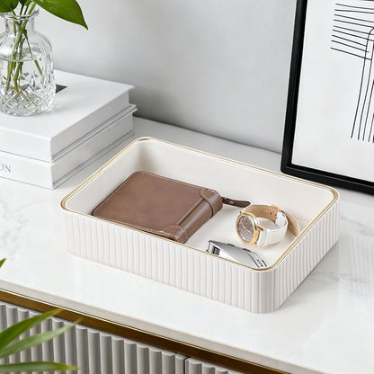 Desk Organizer Tray, PU Leather Valet Tray Nightstand Organizer Cologne Perfume Trays for Men Women, Decorative Vanity Trays Key Bowl Trinket Dish (Ivory, 10.3" x 6.7" x 2.2")