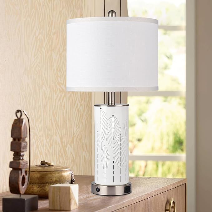Ceramic Beautifully Engraved Decorative 25" Table Lamps Set of 2 with Nightlight,E26 Socket&Rotary Switch,USB A+C Ports,Modern Bedside Lamps for Nightstand,Bedroom(Bulbs Included)
