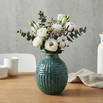 hjn hjn Teal Hand-Glazed Ceramic Vase - 5.7" H Modern Decorative Centerpiece Vase for Fresh/Dried Flowers, Home Decor for Living Room Bookshelf Mantel | Wedding Housewarming Gift
