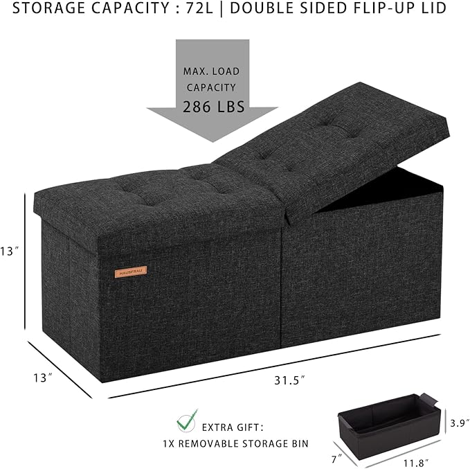 HAUSFRAU 31.5 Inches Ottoman with Storage, Folding Ottoman Bench Small Foot Rest Stool, Bedroom Bench with Flipping Lid, Linen Grey