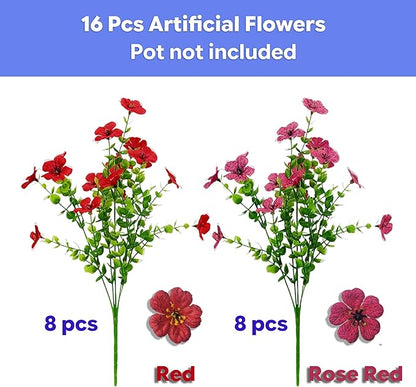 16 Bundles Artificial Flowers – UV Resistant Faux Mums in Red and Rose Red for Garden, Patio, Porch & Home Décor, Realistic Fake Flowers for Wedding & Outdoor Planters