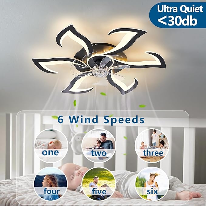 HuixuTe 32" Black Geometric Modern 6-head Ceiling Fan with Lights Remote Control, Low Profile Ceiling Fan with Light for Kitchen Bedroom Living Room