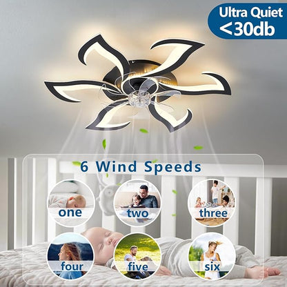 HuixuTe 32" Black Geometric Modern 6-head Ceiling Fan with Lights Remote Control, Low Profile Ceiling Fan with Light for Kitchen Bedroom Living Room