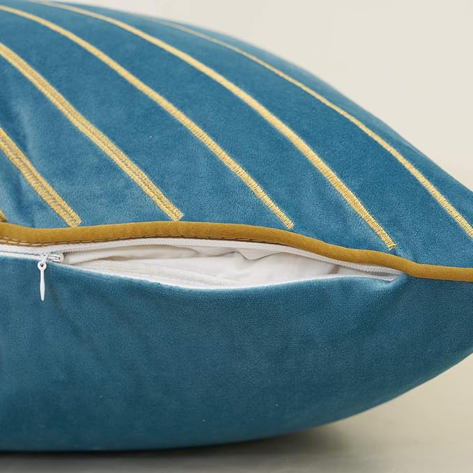 Avigers 20 x 20 Inch Grey Blue Gold Striped Geometric Lines Embroidery Velvet Cushion Case Luxury Modern Throw Pillow Cover Decorative Pillow for Couch Living Room Bedroom Car 50 x 50cm