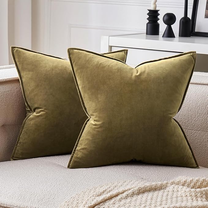 MIULEE Pack of 2 Olive Green Christmas Decorative Velvet Throw Pillow Covers Soft Pillowcases Solid Square Cushion Case for Winter Sofa Bedroom Car 16x16 Inch
