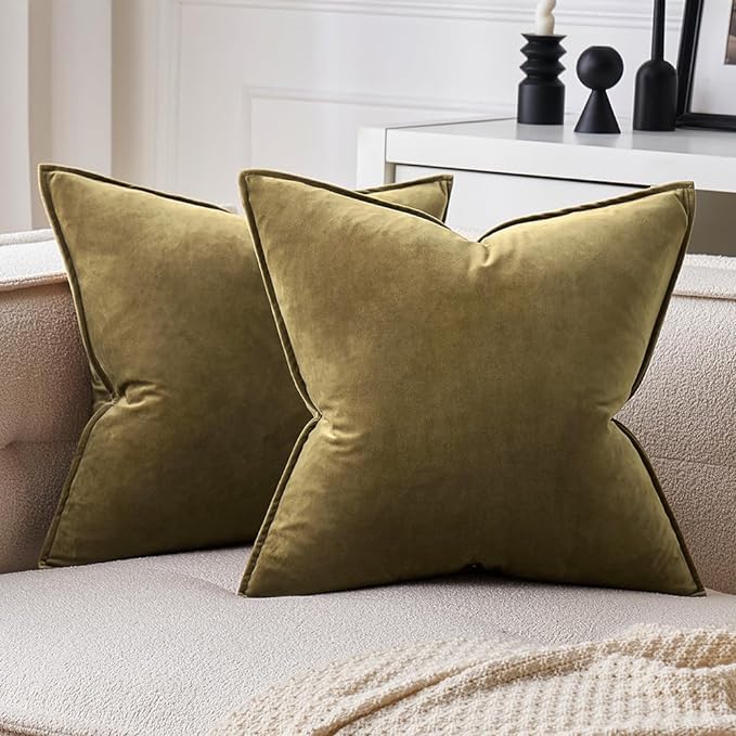 MIULEE Pack of 2 Olive Green Christmas Decorative Velvet Throw Pillow Covers Soft Pillowcases Solid Square Cushion Case for Winter Sofa Bedroom Car 20x20 Inch