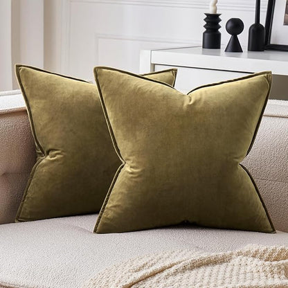 MIULEE Pack of 2 Olive Green Christmas Decorative Velvet Throw Pillow Covers Soft Pillowcases Solid Square Cushion Case for Winter Sofa Bedroom Car 20x20 Inch