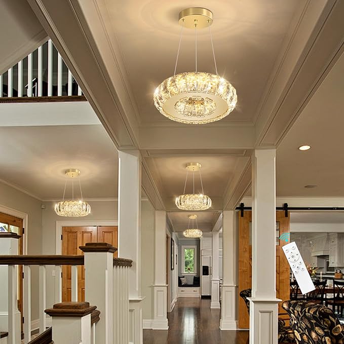 LED Ring Chandelier Modern Pendant Lights for Kitchen Island Dining Room Remote Dimmable Hanging Light Entryway Bedroom Crystal Lighting Gold Chandeliers