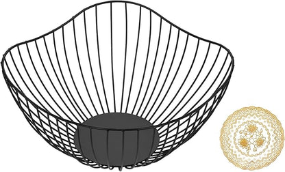 IBWell Antique Curved Edge Fruit Basket for Kitchen Black Wire Basket Fruit Bowl for Home Decor Metal Wire Fruit Holder for Fruit Vegetable Snacks