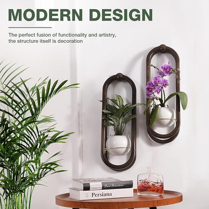 Wooden Wall Planters for Indoor with Ceramic Pot - Modern Hanging Plant Stand Shelf for Indoor Plants, Wall Mounted Plant Holder for Living Room, Bedroom, Wall Decor - Walnut Color (Set of 2)