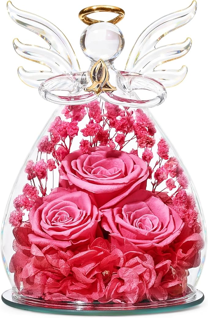 Beferr Valentines Day Rose Gifts for Her Women Mom Gifts for Birthday, Fresh Flowers for Delivery Prime Forever Preserved Rose in Glass Angel Figurine, for Grandma Wife Kids Daughter