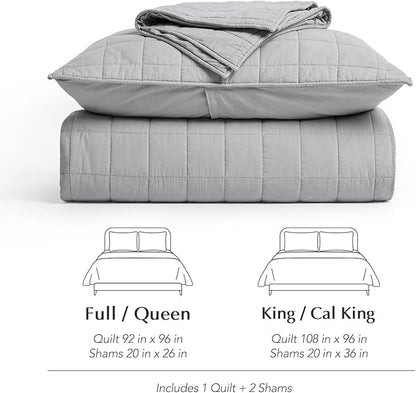 EVERGRACEHOME 100% Cotton Box Stitch Quilt Bedding Set King Size 3 Pieces, Garment-Washed Lightweight Soft Cozy Coverlet, Oversized Quilted Bedspread Sets with 2 Shams for All Season, Fog Gray