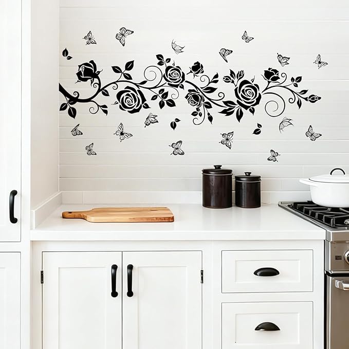 Flower Vine Decals Flying Butterfly Black Floral Wall Stickers Removable Wall Art Decor for Living Room Bedroom