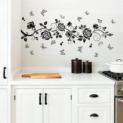 Flower Vine Decals Flying Butterfly Black Floral Wall Stickers Removable Wall Art Decor for Living Room Bedroom