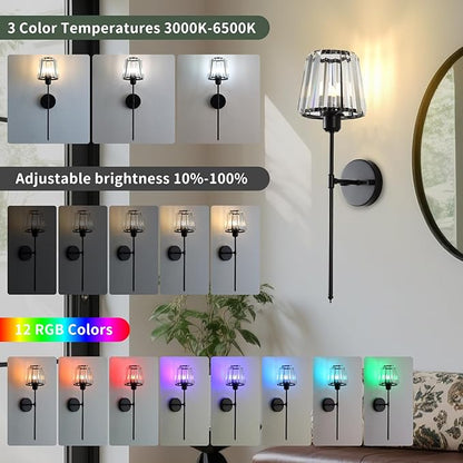 Battery Operated Crystal Wall Sconce Set of 2, Matte Black Wireless Wall Light with Remote Control, LED Dimmable 15 Colors USB Rechargeable Light Bulbs Wall Lamp for Bedroom Living Room Hallway