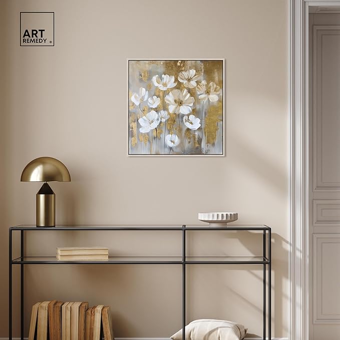 Art Remedy Golden Daisies Canvas Elegant White Gold Wall Art, Silver Frame, 20" x 20"