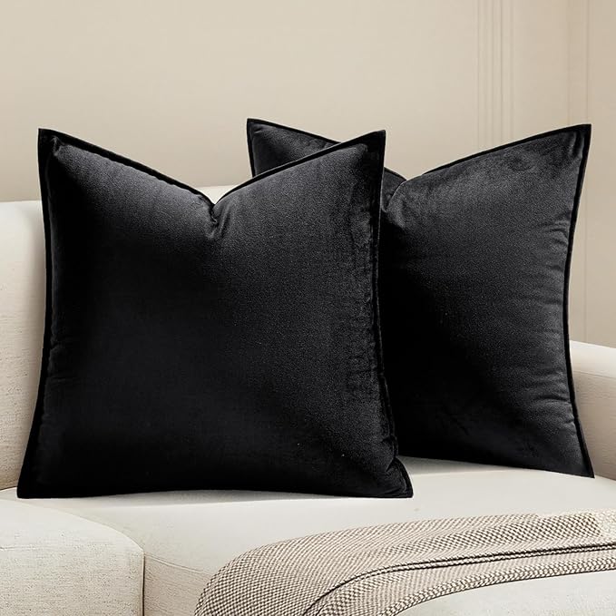 MIULEE Pack of 2 Decorative Velvet Throw Pillow Cover Soft Pillowcase Solid Square Eruo Sham Cushion Case for Sofa Bedroom Car 24x24 Inch 60x60 Cm Black