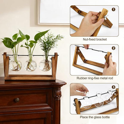Plant Propagation Stations with Wooden Stand & 3 Glass Bulb Vases - Plant Terrarium for Indoor Plants, Home Office Desk Decor, Gardening Gifts for Women Mom, Birthday Gifts for Plants Lovers