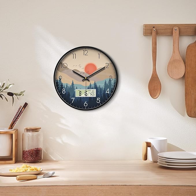 Silent Wall Clock with Day Week Temperature Wilderness with Sunset Non-ticking Battery Operated Large Digital Modern Clocks Display with Calendar and Date for Kitchen Farmhouse Bathroom Office 12 Inch