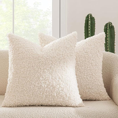 MIULEE Pack of 2 Faux Fur Throw Pillow Covers 20x20 Inch Neutral White Boucle Decorative Sherpa Pillow Covers Fuzzy Accent Soft Sheepskin Fleece for Boho Home Decor Sofa Living Room Couch Bed