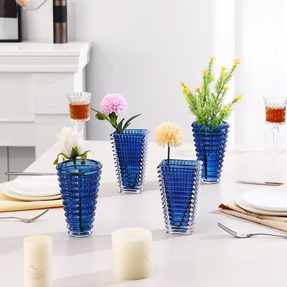 MCMCNCUIU Crystal Flower Vase Set of 4, Glass Vases for Centerpieces, Blue Vases for Flowers, Small Vase for Living Room, Bedroom, Kitchen, Office, Wedding