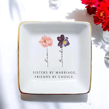 Personalized Sister in Law Jewelry Dish, Custom Birth Month Flower Sister by Marriage Friend by Choice Trinket Dish, To My Sister In Law Ring Dish Gift for Christmas Birthday