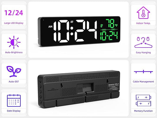Large LED Digital Wall Clock with Date, Temperature, Auto-Brightness, Auto-DST | Big Digital Clock for Bedroom, Desk, Classroom, Living Room, Kitchen, Office, Gym, Farmhouse, Xmas Gift for Seniors