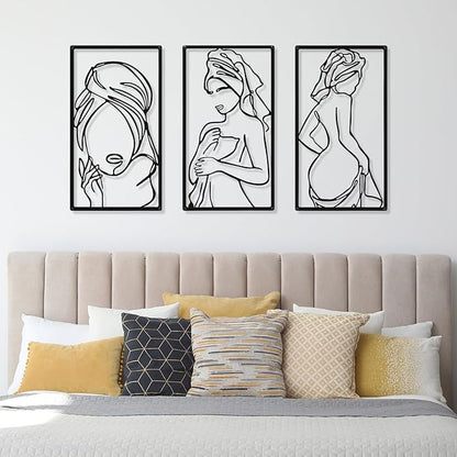 CHENGU 3 Pieces Metal Minimalist Abstract Woman Wall Art Line Drawing Wall Art Decor Single Line Female Home Hanging for Kitchen Bathroom Living Room