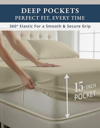 100% Egyptian Cotton Sheet Set Queen Size – Silky Sateen Weave Queen Sheet Set for Winter Sleep Comfort, 15" Snug Fit Deep Pocket, Breathable Hotel-Quality Soft Luxury You Can Feel - Swiss Dot Linen