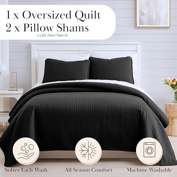 Southshore Fine Living, Inc. Twin XL Quilt Bedding Set, Dorm Room Bedding Essentials, Stain Resistant, Machine Washable Bedspread, XL/Twin Black Quilt Comforter Set/Bedspread with Pillow Sham, Black