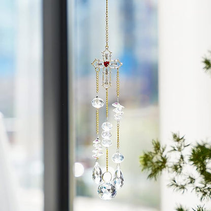 Window Hanging Crystals Suncatcher, Rainbow Prisms for Crystals, Glass Cross Shape Rhinestones Chandelier Wind Chime for Window
