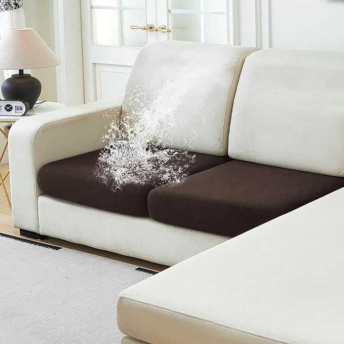 NAISI Waterproof Couch Cushion Covers Thick Velvet Fabric Washable Sofa Slipcovers 2 Pieces Individual Sectional Couch Covers with Elastic Bottom(2 Pcs for 2-Seat or Backrest,Coffee)