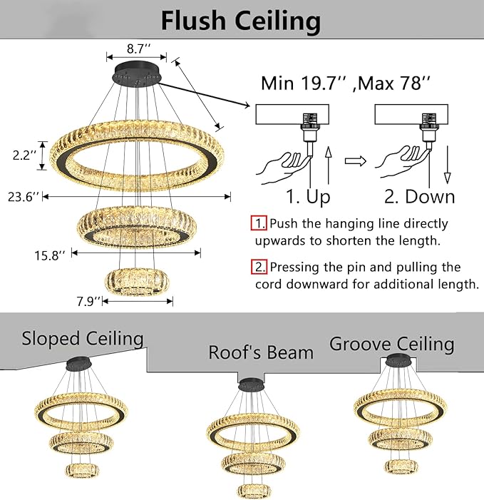 3 Rings LED Chandelier Modern Dimmable Dining Room Chanderliers Entryway Crystal Pendant Lights for Kitchen Bedroom Living Room Black Light