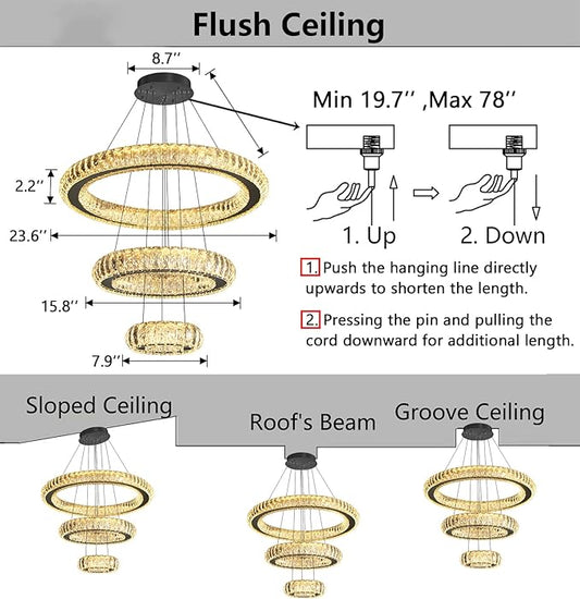3 Rings LED Chandelier Modern Dimmable Dining Room Chanderliers Entryway Crystal Pendant Lights for Kitchen Bedroom Living Room Black Light