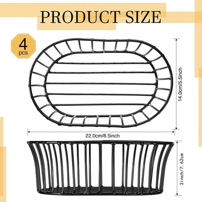 4 Pcs Wire Bread Basket 8.5 x 5.5 Inch Oblong Black Iron Wire Baskets for Serving Fast Food Fruit Burger Fries Hot Dog Kitchen Picnic Barbecue Party