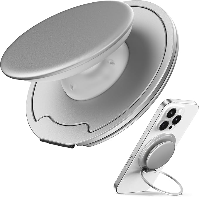 Sinjimoru for MagSafe Phone Grip — 3000G Magnetic Hold, Soft Silicone Comfort, Metal Plate Included, iPhone 17/16/15/14/13, M-Tap Tok Ring Stand Silver