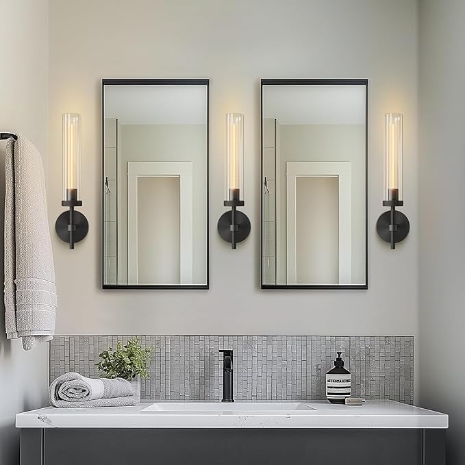 Black Wall Sconces Set of Two, Brass 19.48'' Knurled Texture Wall Light Fixtures, Bathroom Vanity Light Fixtures with Clear Glass, Modern Wall Lamp for Bathroom Living Room Hallway (Bulb Included)