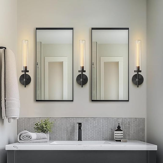 Black Wall Sconces Set of Two, Brass 19.48'' Knurled Texture Wall Light Fixtures, Bathroom Vanity Light Fixtures with Clear Glass, Modern Wall Lamp for Bathroom Living Room Hallway (Bulb Included)