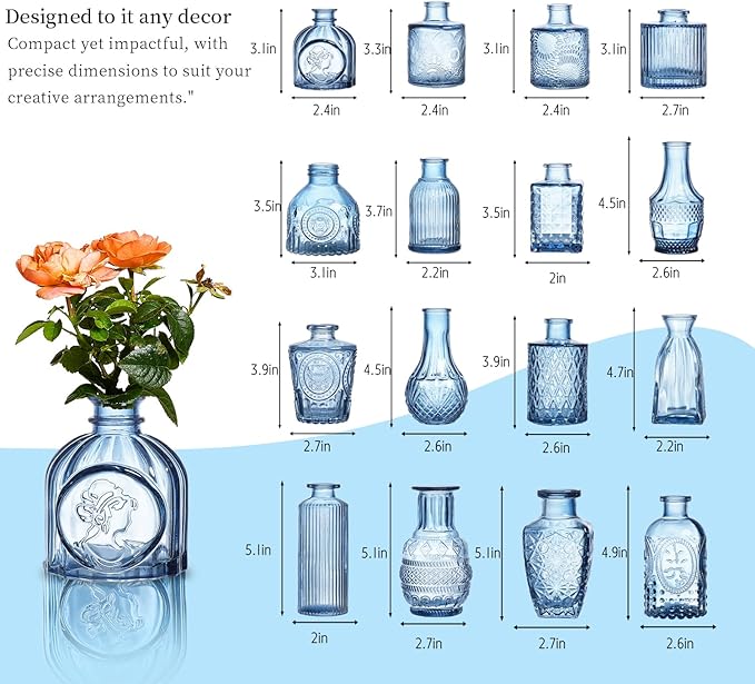 Glass Bud Vases Set of 16 - Blue Assorted Small Mini Glass Vases for Flowers, Crystal Vintage Vase Set, Bulk Centerpieces for Table Décor, Wedding, Home and Events (Blue, 16 Pcs)
