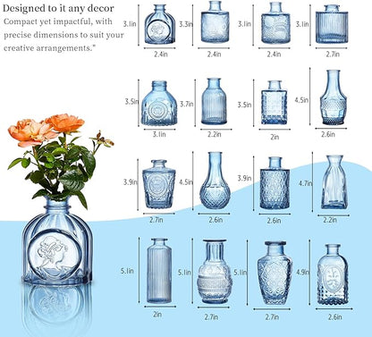 Glass Bud Vases Set of 16 - Blue Assorted Small Mini Glass Vases for Flowers, Crystal Vintage Vase Set, Bulk Centerpieces for Table Décor, Wedding, Home and Events (Blue, 16 Pcs)