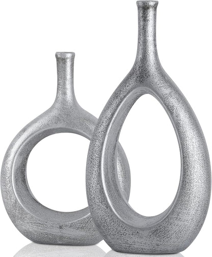 Silver Ceramic Hollow Elliptical Vase Set of 2 - Boho Circle Vase with Hole, for Modern Silver Table Decor, Living Room Decor Shelf mid Century Modern Home Entrance Decorative vase