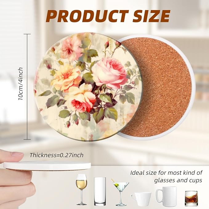 Coasters Set of 6 Ceramic Drink Coaster with Cork Base Modern Style Coasters for Mugs and Cups Office Kitchen 4 in