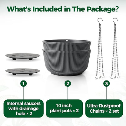 T4U 10 Inch Hanging Planters for Indoor Outdoor Plants, Hanging Plant Pot Pack of 2, Self Watering Hanging Pots with Drainage Hole & Plug & Chain with 3 Hooks for Garden Home Decor, Grey