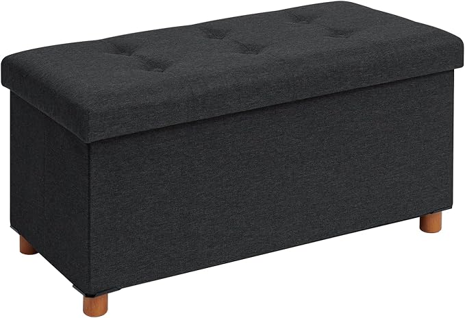 PINPLUS Storage Ottoman Cube, White Linen Footrest with Wooden Legs, Foldable Fabric Footrest, Comfortable Seat with Lid, Ottoman with Storage for Living Room, 30" x 15" x 15"，Black
