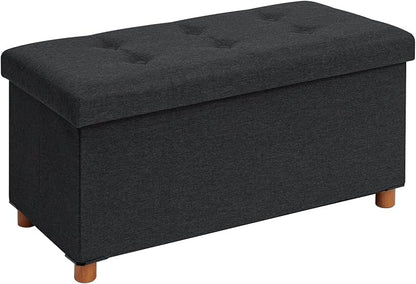 PINPLUS Storage Ottoman Cube, White Linen Footrest with Wooden Legs, Foldable Fabric Footrest, Comfortable Seat with Lid, Ottoman with Storage for Living Room, 30" x 15" x 15"，Black