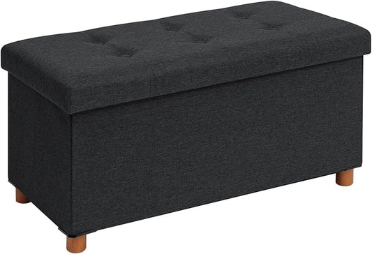 PINPLUS Storage Ottoman Cube, White Linen Footrest with Wooden Legs, Foldable Fabric Footrest, Comfortable Seat with Lid, Ottoman with Storage for Living Room, 30" x 15" x 15"，Black