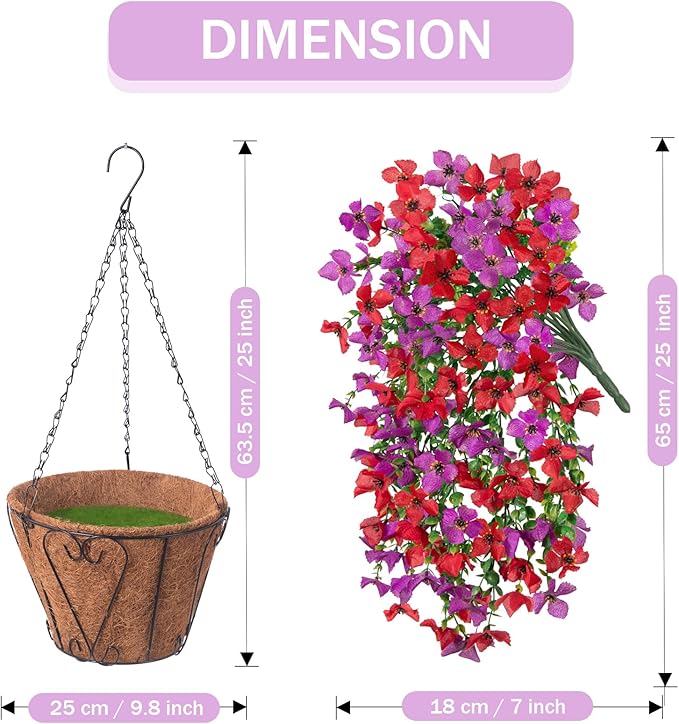 Artificial Hanging Flowers Plants with Basket for Outdoors, Realistic Faux Silk Daisy Flower Eucalyptus for Spring Decor, UV Resistant Fake Plants for Porch Patio Yard Balcony, Red Purple