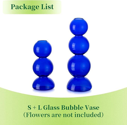 Glass Bubble Vases for Flowers, Hewory 2pcs Blue Unique Cute Single Flower Vase for Centerpieces, Funky Aesthetic Vase Skinny Bud Vase, Cool Groovy Decor for Home Living Room Bedroom Office Tabletop