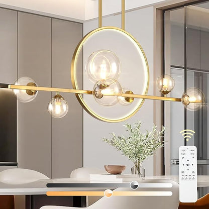 Modern 7-Light Gold Kitchen Island Light for Dining Room, 37.4" Minimalist Dimmable LED Linear Pendant Lights with Globe Glass Shade, Ceiling Light Fixture Hanging for Dining Room, Office, Kitchen