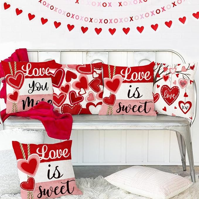 GEEORY Valentine's Day Throw Pillow Covers 20x20 Inch Set of 4, Valentines Red Hearts Love You More Decorative Farmhouse Holiday Cushion Case for Home Decoration G443-20